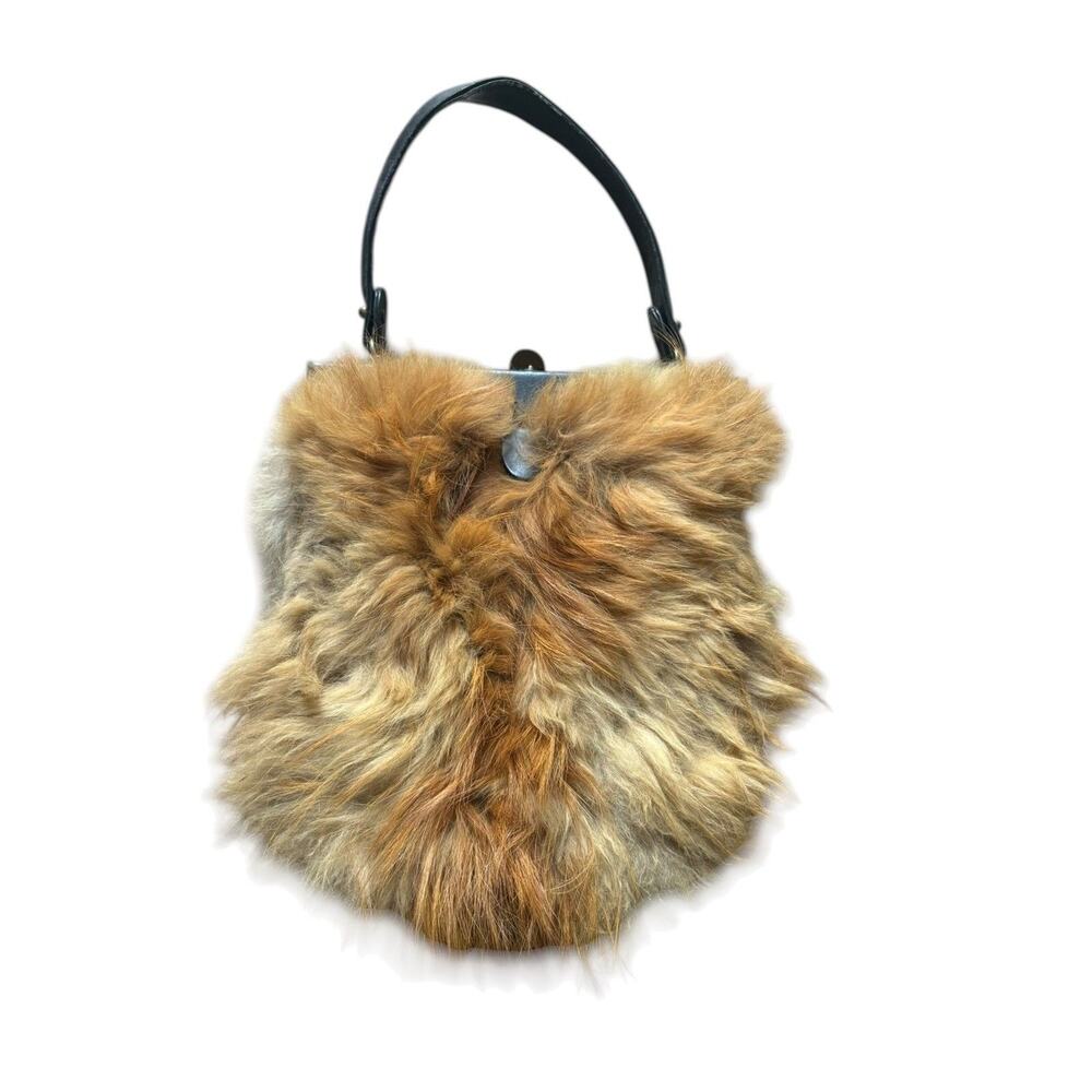 Vintage Fur Brown Tan Muff Style Handbag RODO Style Top Handle